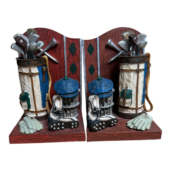 Russ Berrie Highland Ridge Golfing Themed Resin Bookends Golf Clubs & Golf Bag - Picture 2 of 6